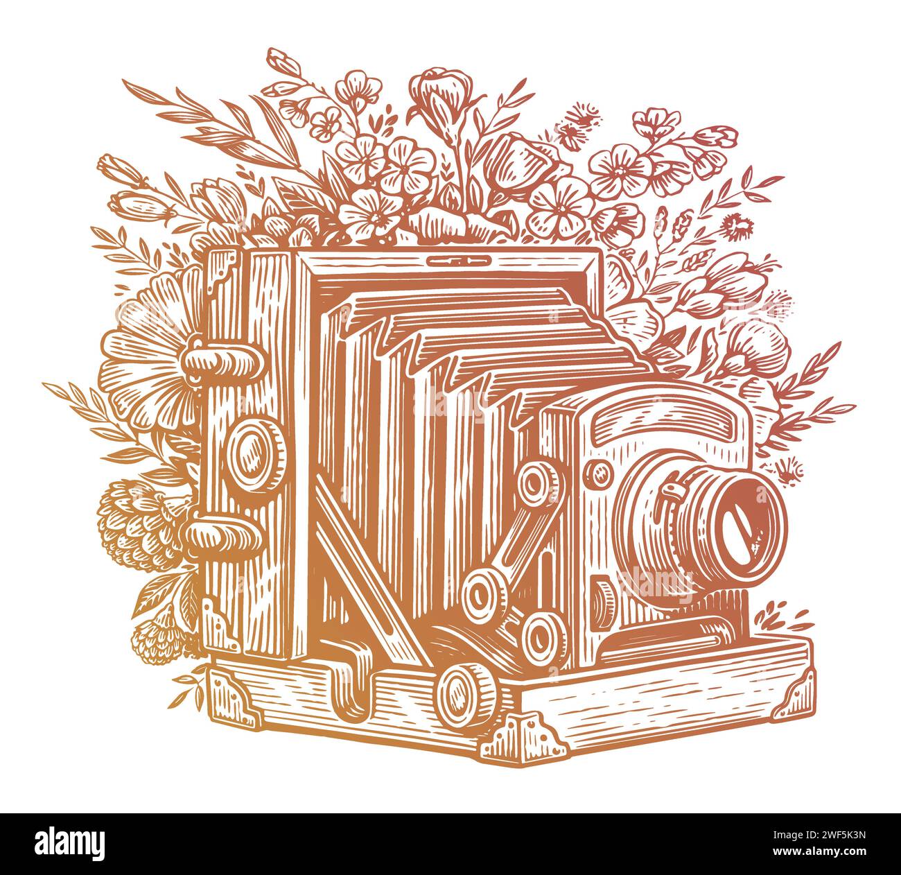 Retro camera in flowers and plants. Hand drawn photo camera with wildflowers. Vintage vector illustration Stock Vector