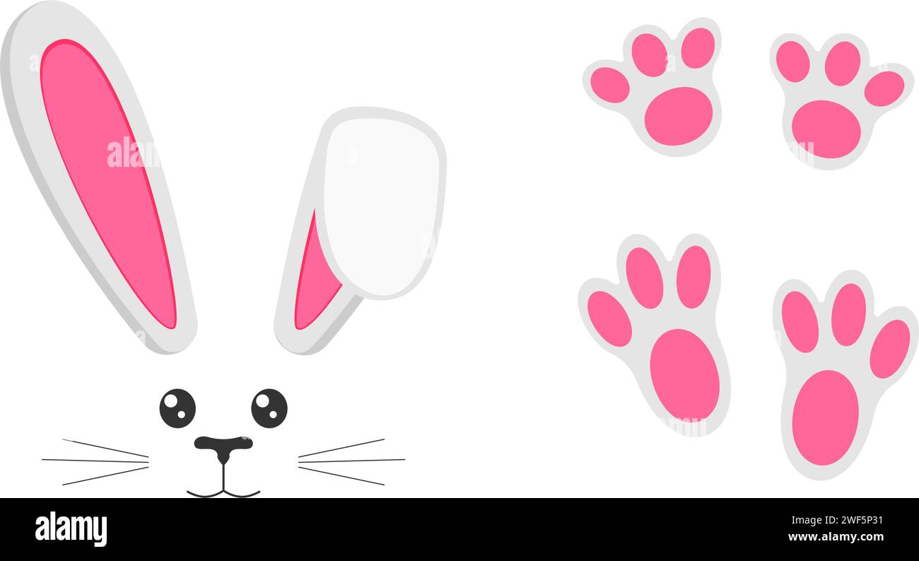 Cute bunny muzzle with ears, eyes, nose, mouth, whisker and rabbit paws. Decoration elements for Easter party, photo shoot, greeting or invitation card, celebration banner. Vector flat illustration Stock Vector