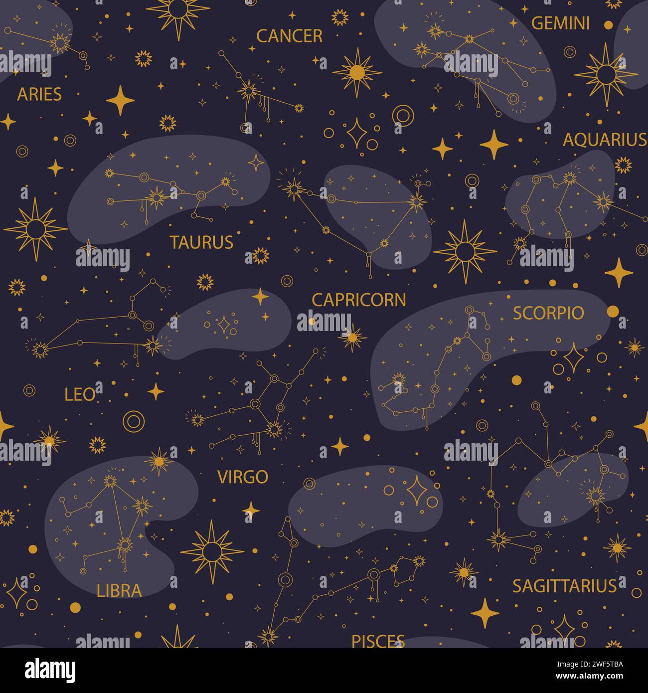 Seamless pattern of zodiac signs. Twelve constellations, stars, night sky background. Leo, Scorpio, Gemini, Pisces linear symbols in space. Vector ill Stock Vector