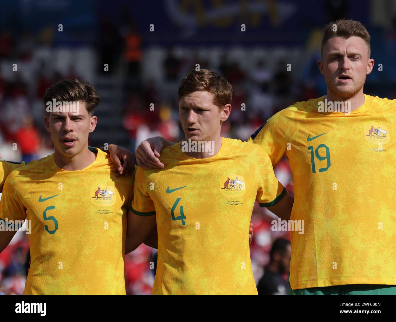 DOHA, QATAR - JANUARY 28: Jordan Bos, Kye Rowles, Harry Souttar of Australia during the AFC Asian Cup Round of 16 match between Australia and Indonesi Stock Photo