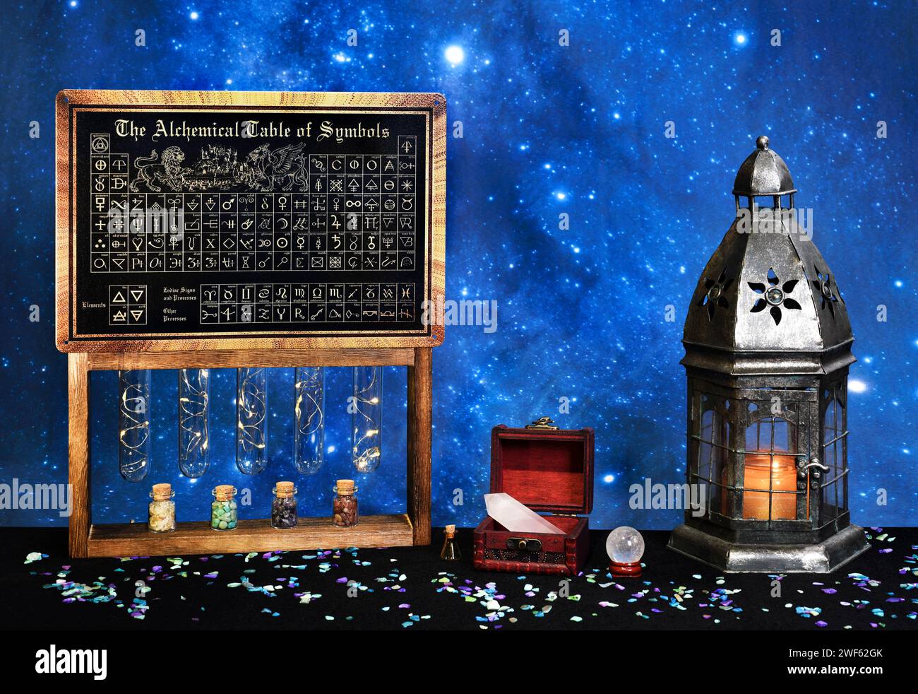 Alchemy chart metaphysical tools for casting spells and meditation. Stock Photo