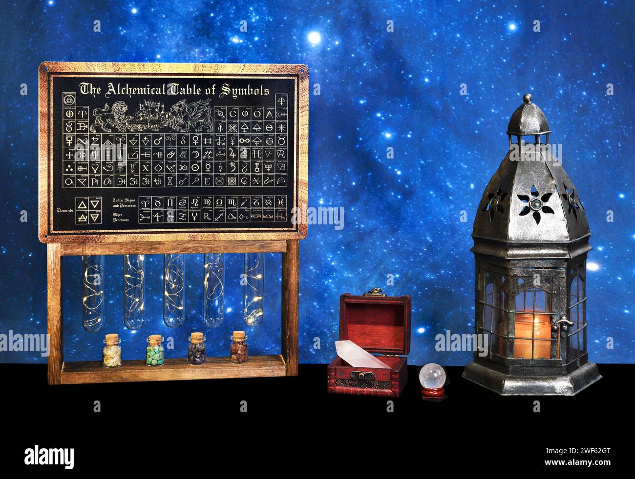 Alchemy symbols and metaphysical items for casting spells and meditation. Stock Photo