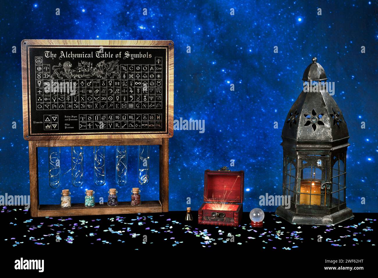 Alchemy chart and metaphysical tools for casting spells and meditation. Stock Photo