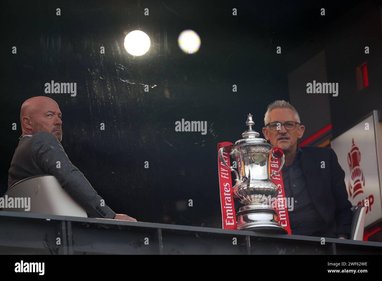 Newport, UK. 28th Jan, 2024. Alan Shearer (l) & Gary Lineker, sat next to  the Emirates FA cup trophy, look on from the BBC TV studio. Emirates FA  Cup, 4th round match,