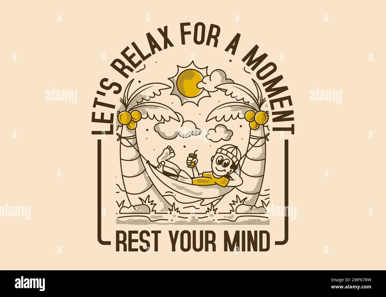 Rest your mind, let's relax for a moment. Retro illustration of a guy hanging on the hammock Stock Vector