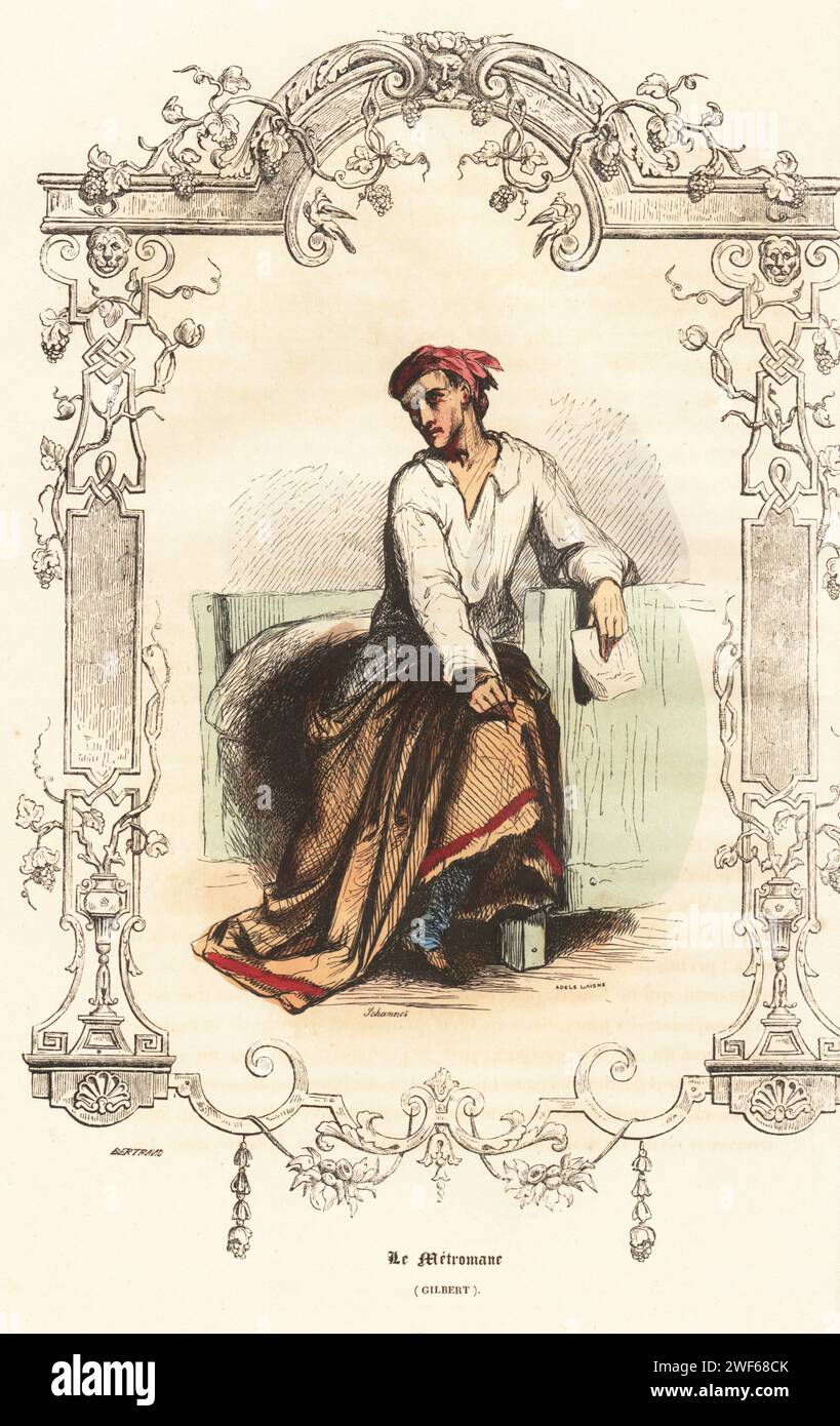 Nicolas Joseph Laurent Gilbert, French poet, 1750-1780. Costume of a hack poet, in white shirt with quill pen and paper, seated on a bed in a garret. Le Metromane. Gilbert. Handcoloured steel engraving by Adele Laisne after an illustration by Tony Johannot, within a border by Bertrand, from Augustin Challamel's Autrefois ou Le Bon Vieux Temps, Types de 18e Siecle, Challamel et Cie, 1842. Stock Photo