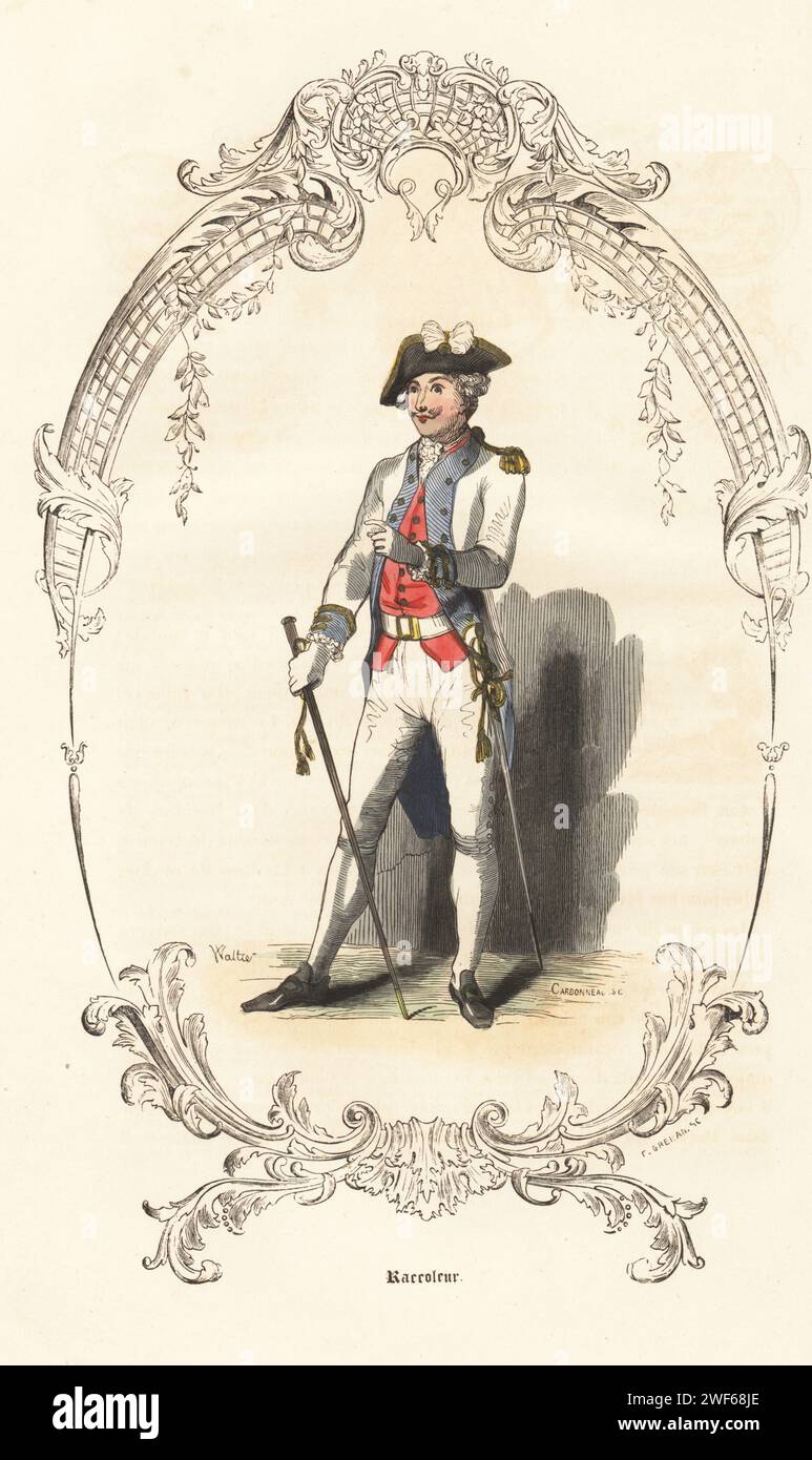 Recruiting officer  or racoleur for the French army, 18th century. Dragoon in bicorne, white coat, blue lapels and cuffs, one gold epaulette, breeches, with sword and staff. Raccoleur. Handcoloured steel engraving by Jean-Baptiste Charles Carbonneau after an illustration by Emile Wattier, within a decorative cartouche by Pierre-Nicolas-Frederic Grenan, from Augustin Challamel's Autrefois ou Le Bon Vieux Temps, Types de 18e Siecle, Challamel et Cie, 1842. Stock Photo