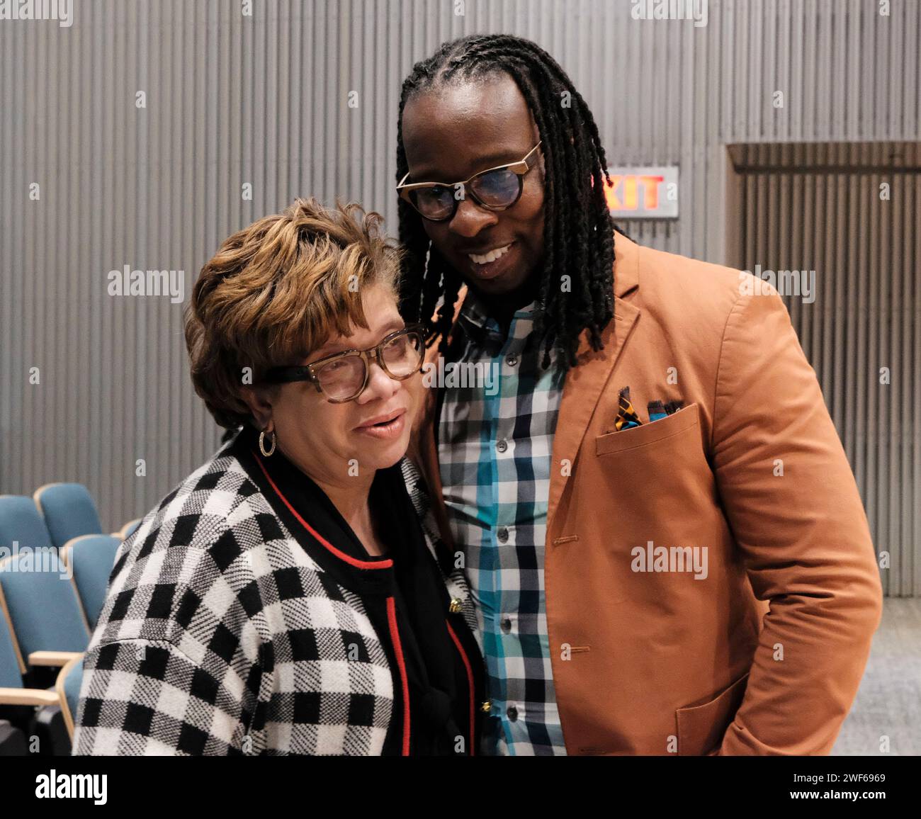 Atlanta, Georgia, USA. 28th Jan, 2024. Author and anti-racist scholar Ibram X Kendi speaks with Dr. Cheryl Small, Atlanta's Central Library Administrator, at an event in Atlanta where Kendi shared the release of his new book ''Barracoon'', which is an adaptation of Zora Neale Hurston's book of the same title. Kendi's adaptation contain's language that caters to younger readers. (Credit Image: © John Arthur Brown/ZUMA Press Wire) EDITORIAL USAGE ONLY! Not for Commercial USAGE! Credit: ZUMA Press, Inc./Alamy Live News Stock Photo
