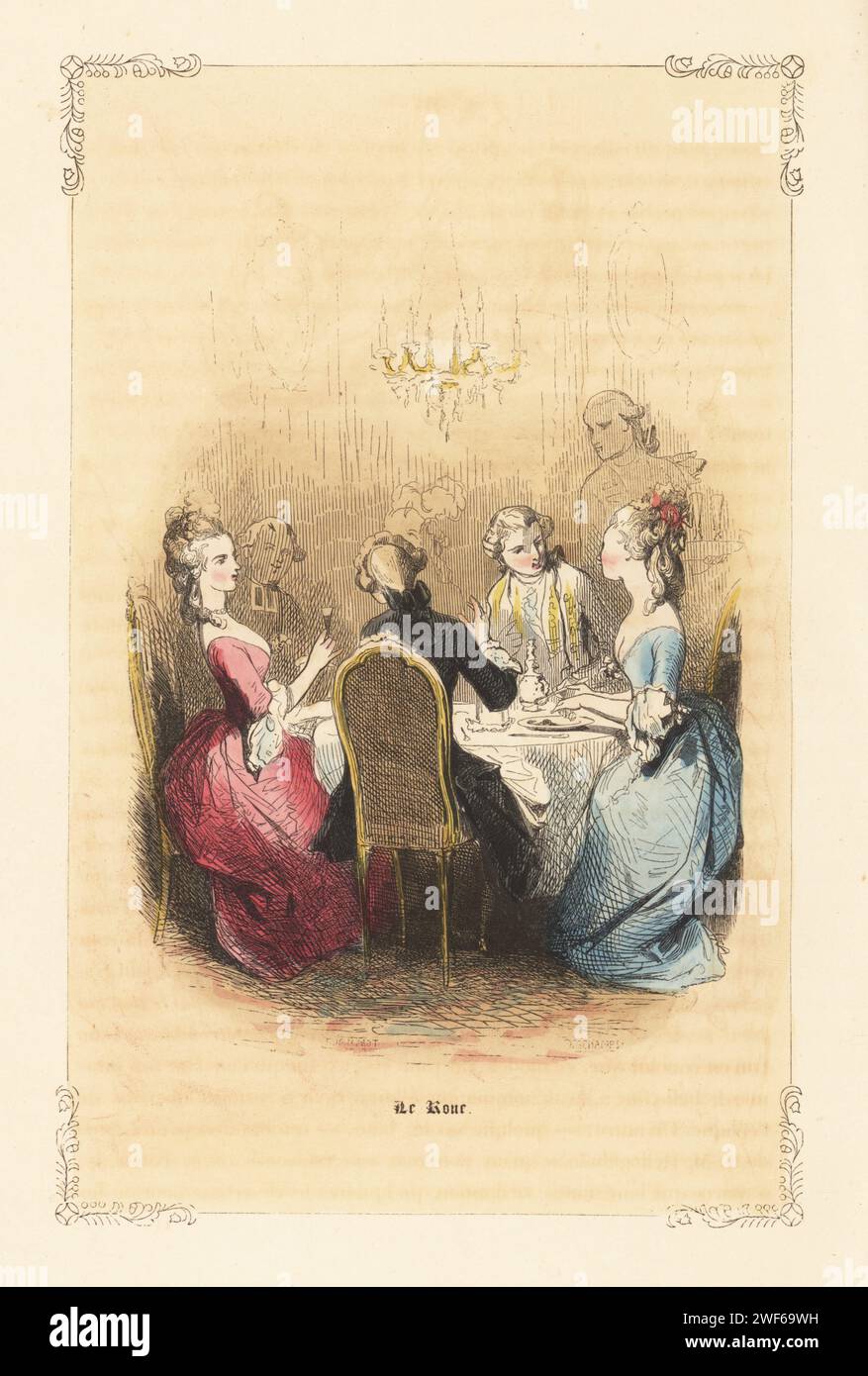 A libertine at dinner with two ladies, France, 18th century. The rake in powdered wig with pigtail tied in a ribbon, black coat, dining with beauties under a chandelier. Famous roues include the 3rd Duke of Richelieu. Le Roue. Handcoloured steel engraving by Deschamps after an illustration by Tony Johannot from Augustin Challamel's Autrefois ou Le Bon Vieux Temps, Types de 18e Siecle, Challamel et Cie, 1842. Stock Photo
