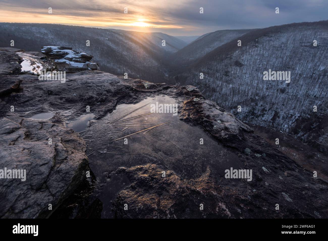 Delicate ice crystals forming in small puddle during a winter sunset