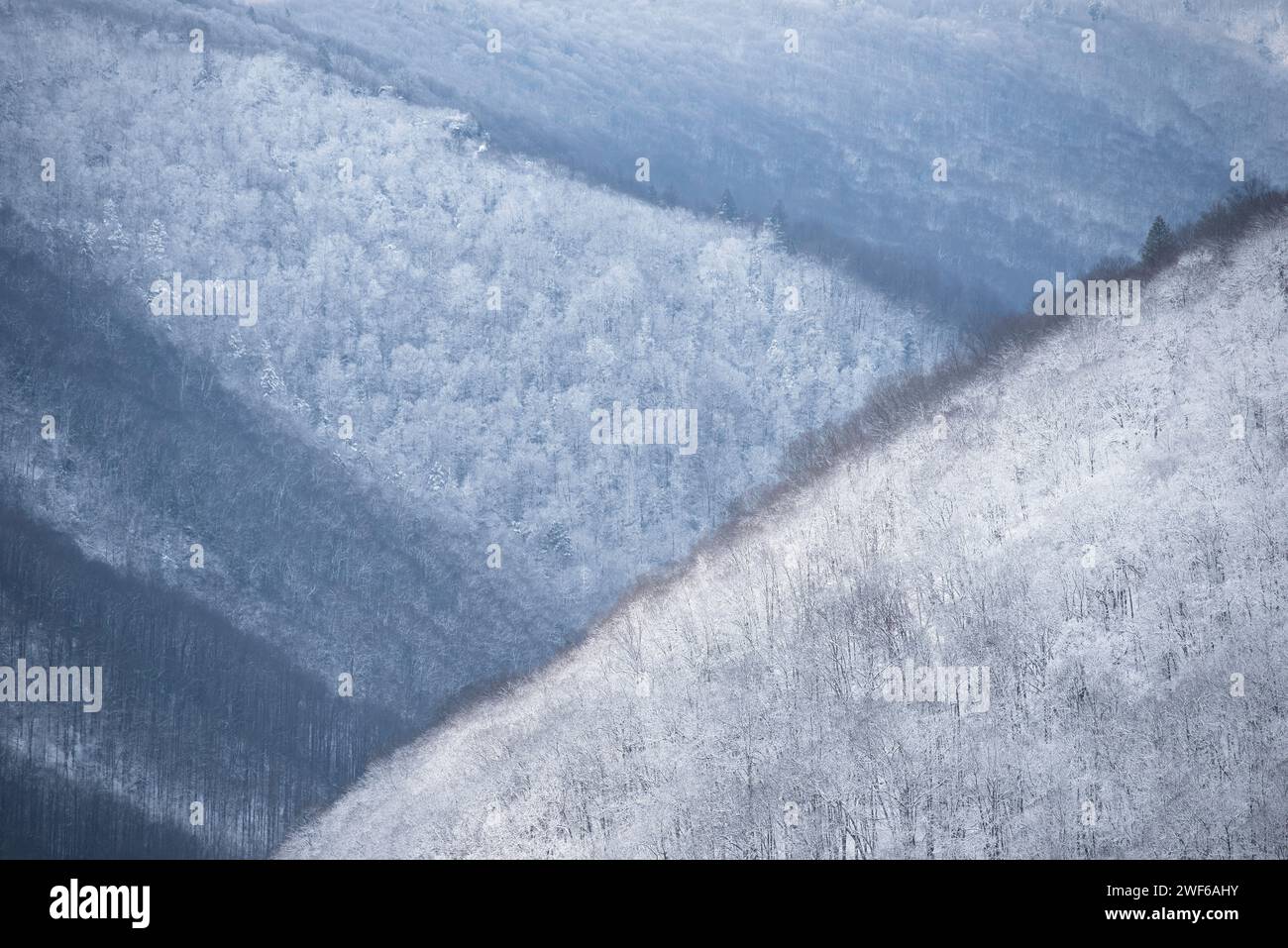 Abstract winter lines of snow and mountain ridges fill the frame at Blackwater Falls State Park in Davis, West Virginia. Stock Photo