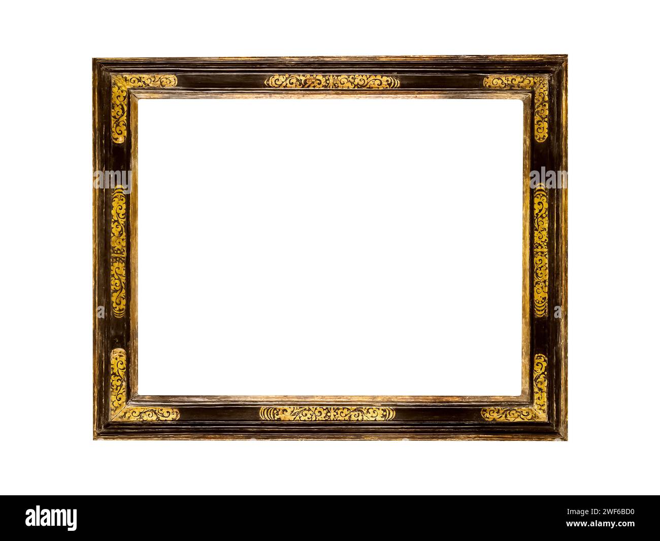 Wooden old art frame vintage baroque classical flourishes decorative black gold Stock Photo