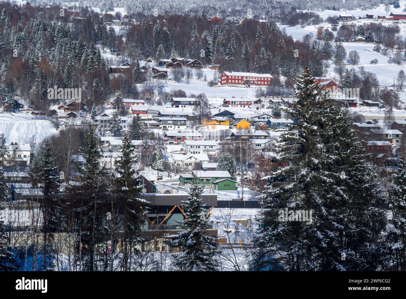 Panoramic view of the city of Gelio seen from one of the carriages of a train that covers the Oslo - Bergen route. The Bergen train route, known as Bergensbanen, is a rail experience that offers travelers a scenic journey through Norway's most breathtaking landscapes. The rail line provides a connection to the Nordic wilderness as the train crosses high plateaus, fjords, crosses rivers and offers breathtaking panoramas.  The trains offer on-board amenities, including restaurant cars where passengers can enjoy Norwegian food and drinks while watching the scenery pass by. Stock Photo