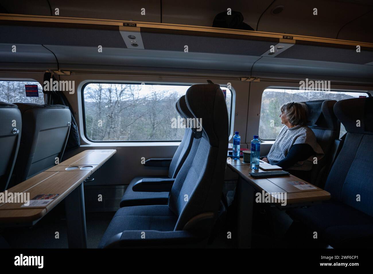 A person is seen observing the landscape through a panoramic window of one of the train carriages that covers the Oslo - Bergen route. The Bergen train route, known as Bergensbanen, is a rail experience that offers travelers a scenic journey through Norway's most breathtaking landscapes. The rail line provides a connection to the Nordic wilderness as the train crosses high plateaus, fjords, crosses rivers and offers breathtaking panoramas. The trains offer on-board amenities, including restaurant cars where passengers can enjoy Norwegian food and drinks while watching the scenery pass by. (Ph Stock Photo