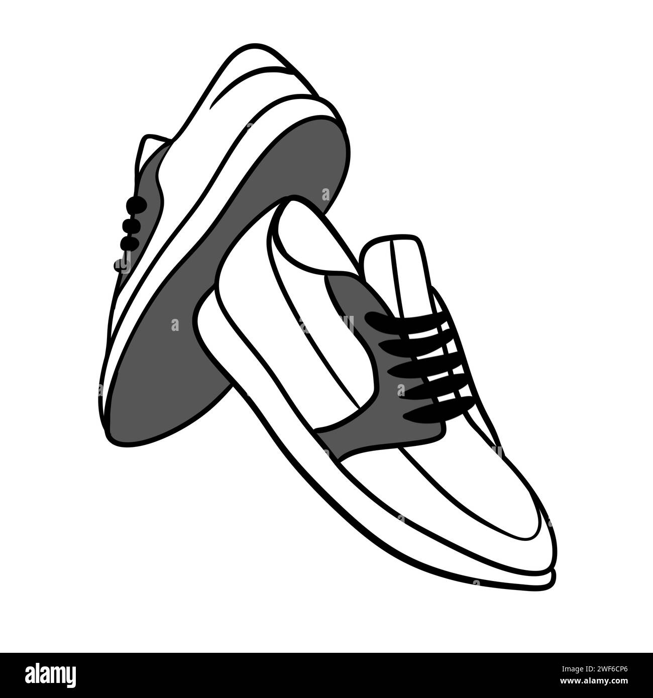 Hand drawn illustration of sneakers trainers running shoes in black and white. Modern monochrome drawing of sportwear footwear trendy walking wear lifestyle fashiom, healthy active concept Stock Photo