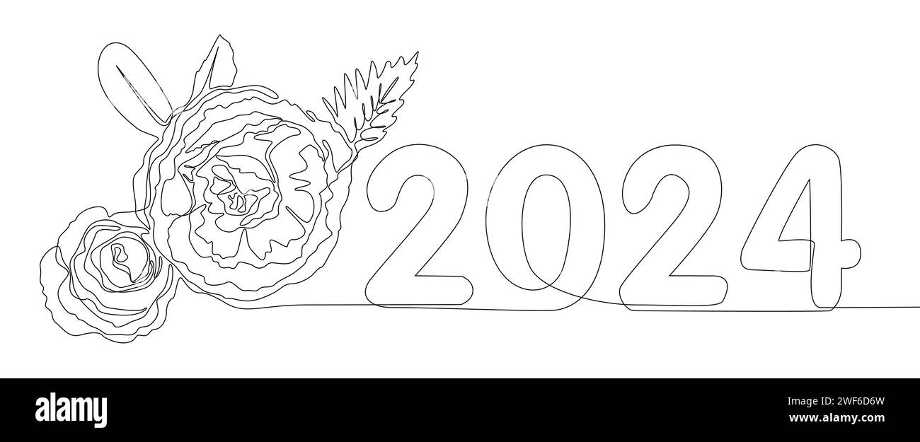 One continuous line of 2024 number with rose flowers. Thin Line Illustration vector concept. Contour Drawing Creative ideas. Stock Vector