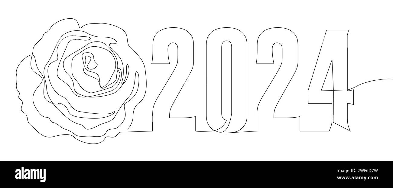 One continuous line of 2024 number with rose flowers. Thin Line Illustration vector concept. Contour Drawing Creative ideas. Stock Vector