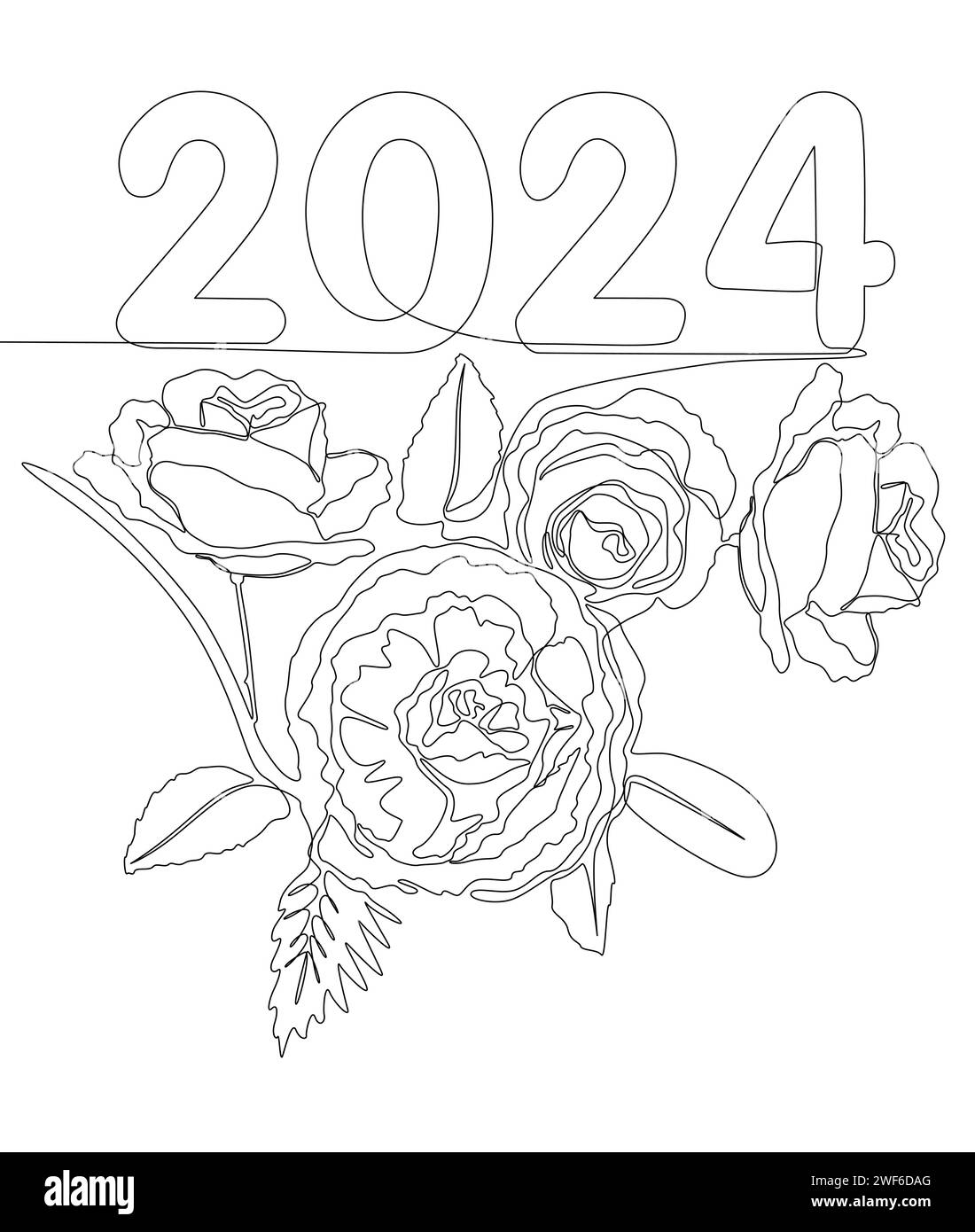 One continuous line of 2024 number with rose flowers. Thin Line Illustration vector concept. Contour Drawing Creative ideas. Stock Vector