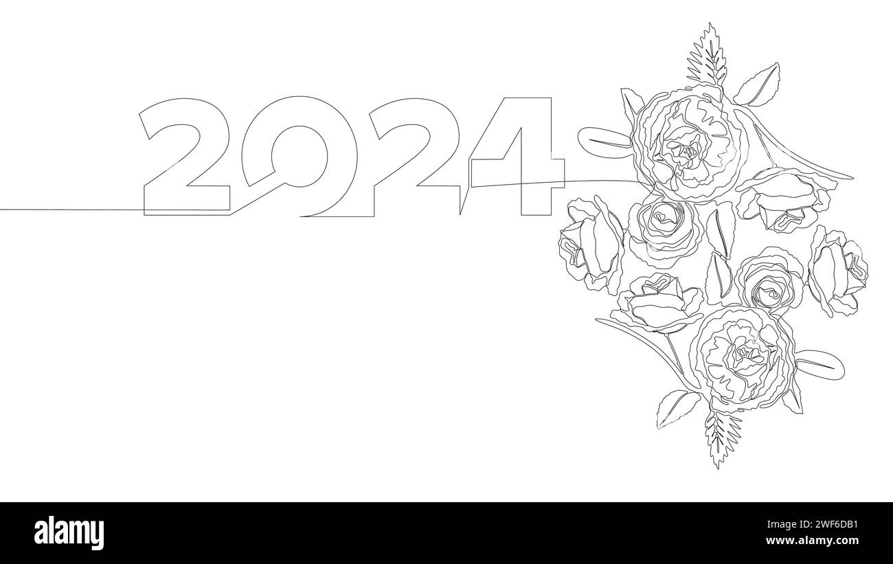 One continuous line of 2024 number with rose flowers. Thin Line Illustration vector concept. Contour Drawing Creative ideas. Stock Vector