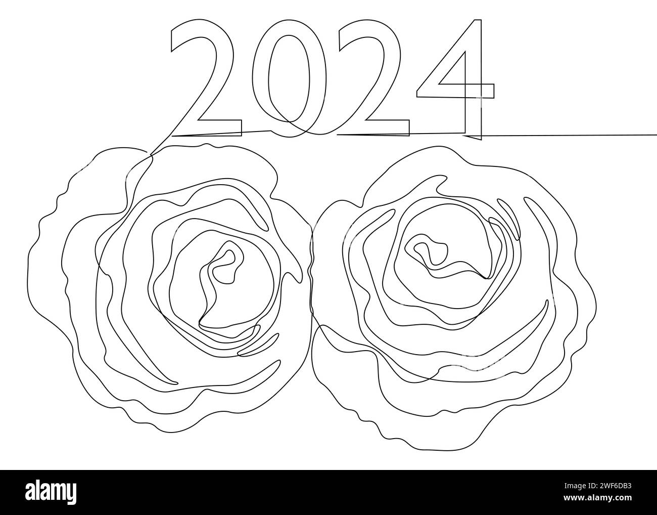 One continuous line of 2024 number with rose flowers. Thin Line Illustration vector concept. Contour Drawing Creative ideas. Stock Vector