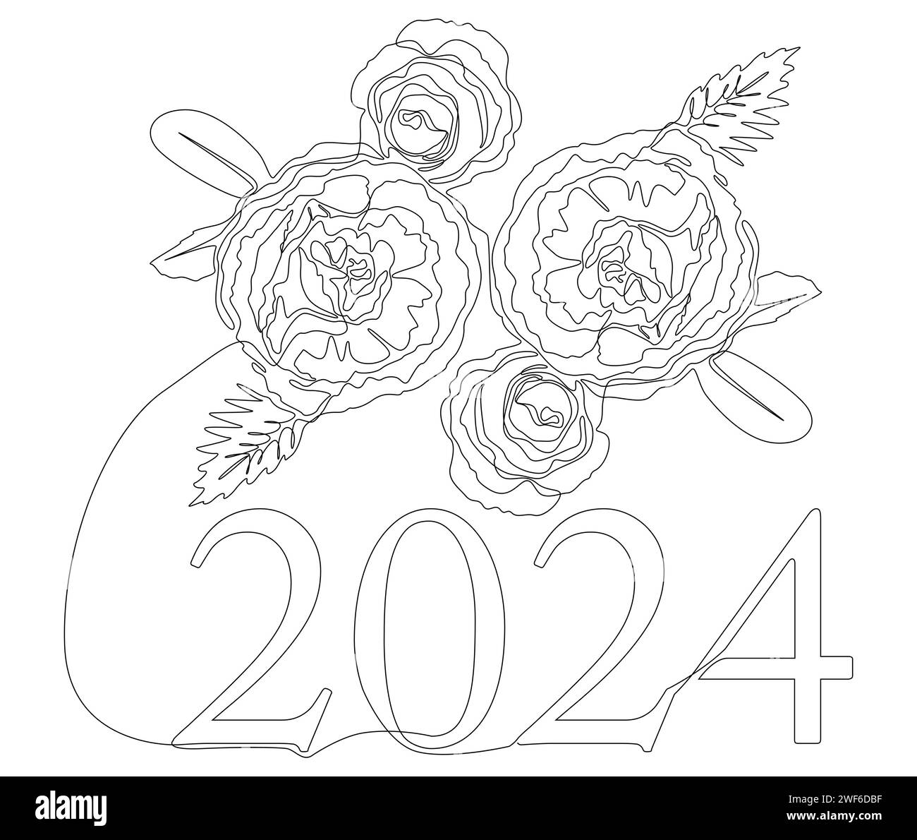 One continuous line of 2024 number with rose flowers. Thin Line Illustration vector concept. Contour Drawing Creative ideas. Stock Vector