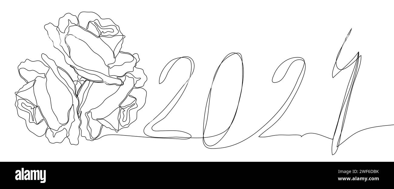 One continuous line of 2024 number with rose flowers. Thin Line Illustration vector concept. Contour Drawing Creative ideas. Stock Vector