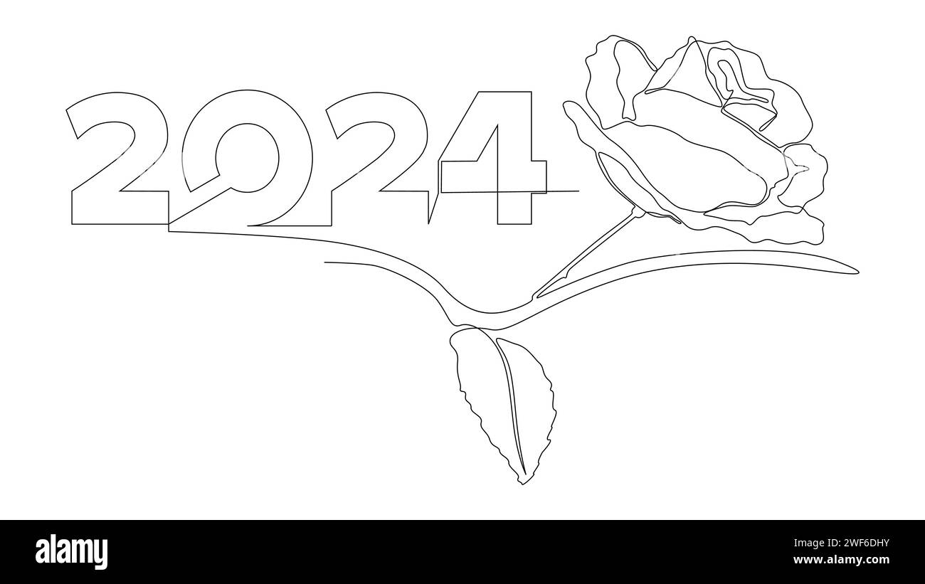 One continuous line of 2024 number with rose flowers. Thin Line Illustration vector concept. Contour Drawing Creative ideas. Stock Vector
