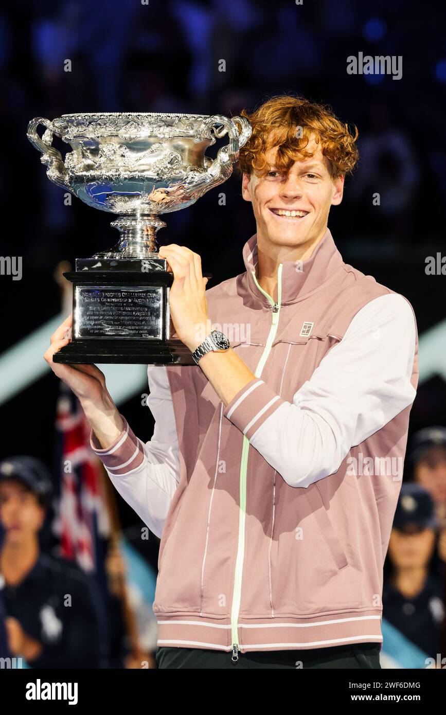 Melbourne, Australia, 29th Jan, 2024. Jannick Sinner from Italy at the 2024 Australian Open Tennis Grand Slam singles final in Melbourne Park. Photo credit: Frank Molter/Alamy Live news Stock Photo