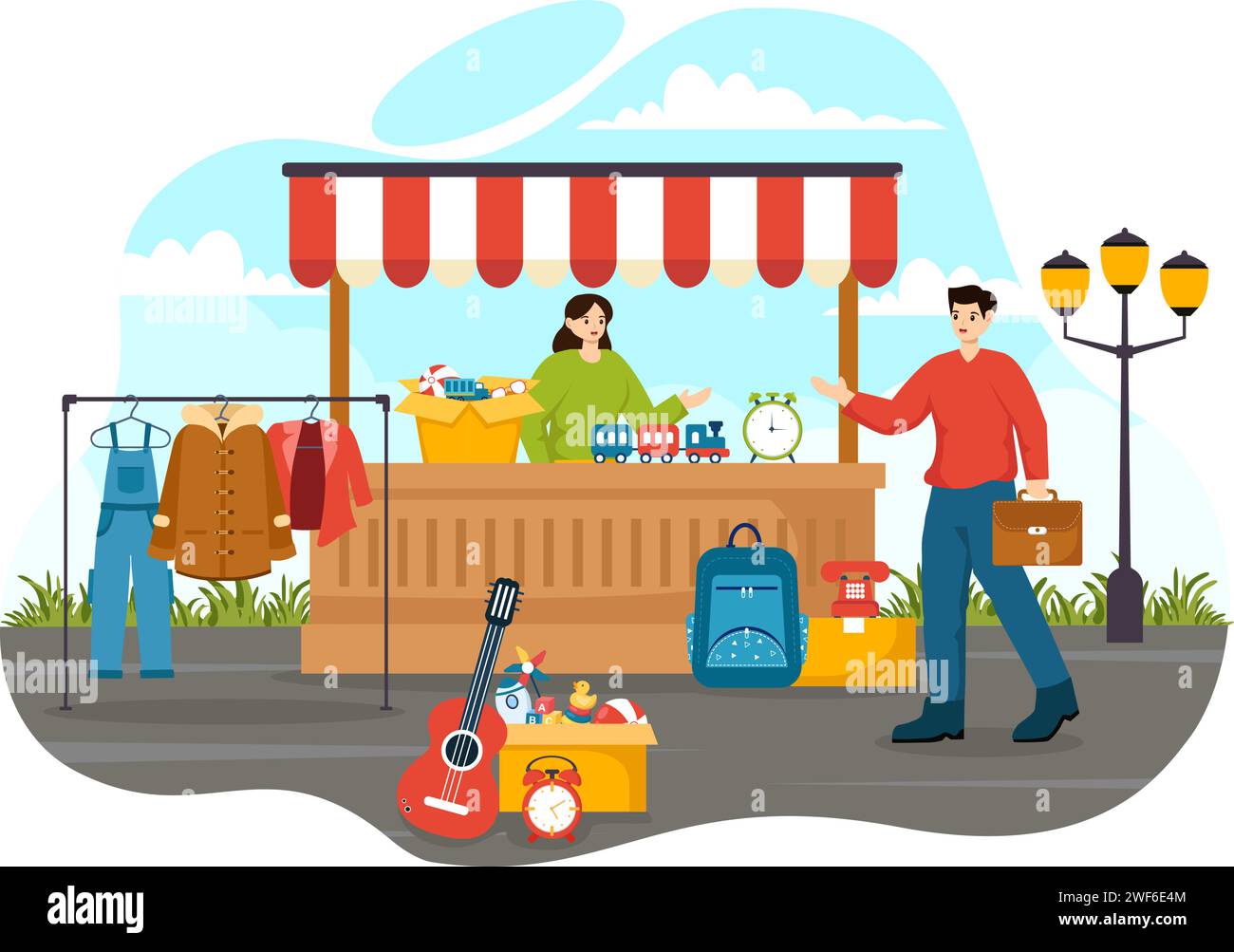 Flea Market Vector Illustration with Second Hand Shop with Shoppers