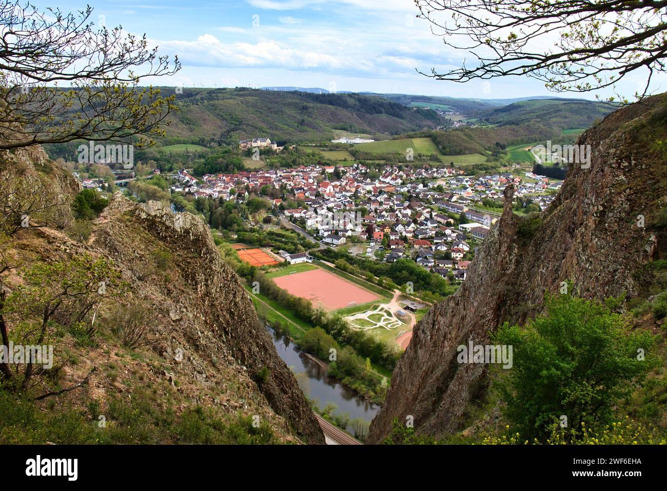 Bad Munster, Germany - May 9, 2021: Bad Munster below Rotenfels cliffs on a spring day in Germany. Stock Photo
