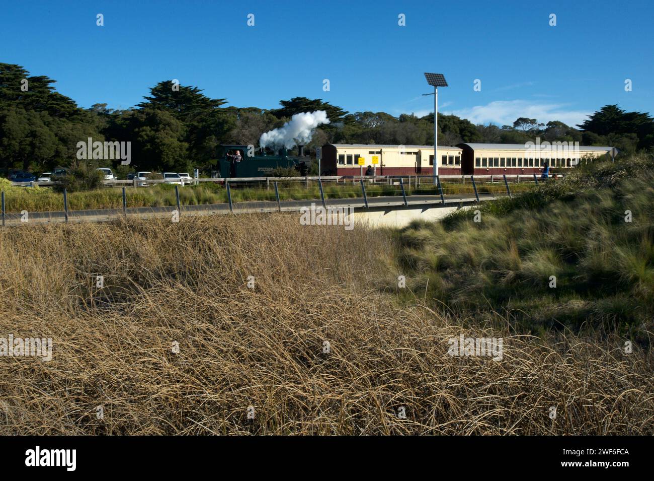 The steam train still runs between Queenscliff and Drysdale on the Bellarine Peninsula in Victoria, Australia. The Blues Train is an entertainment. Stock Photo