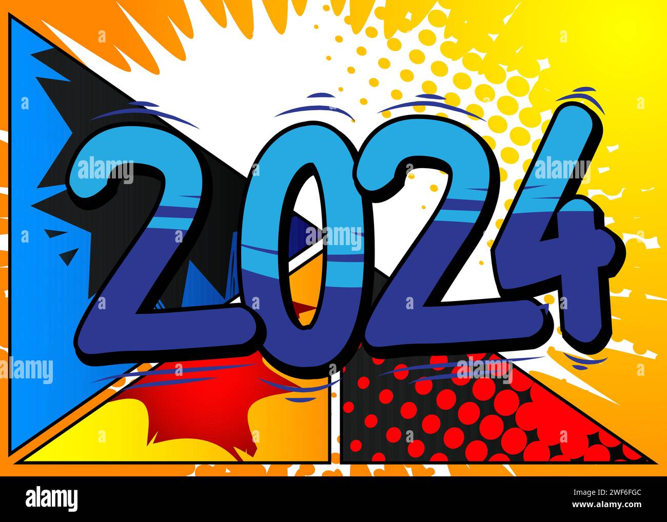 Cartoon 2024 explosion sign, comic book New Year. Retro vector comics