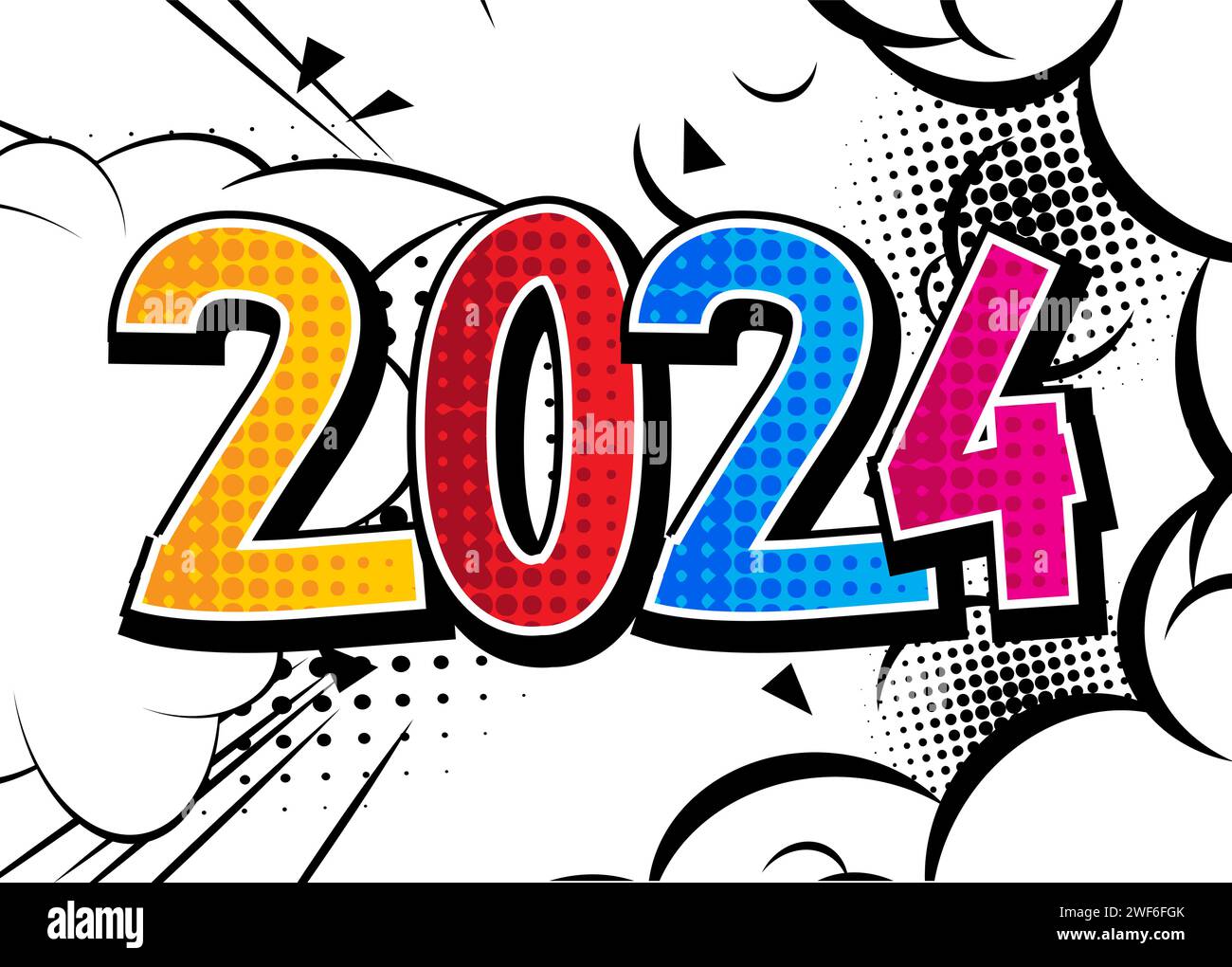 Cartoon 2024 explosion sign, comic book New Year. Retro vector comics
