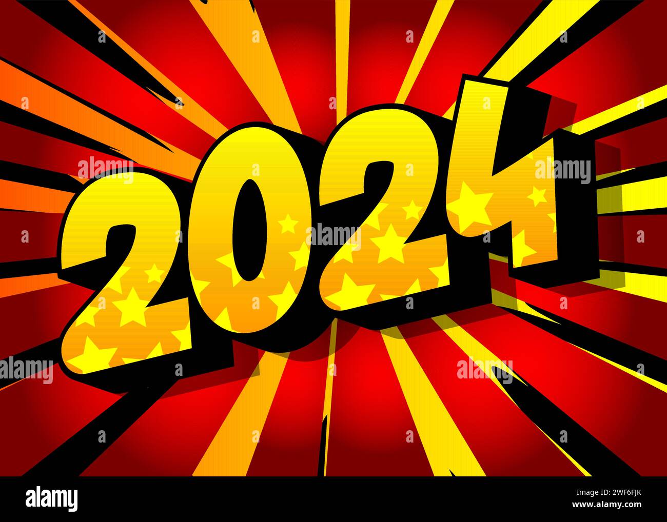 Cartoon 2024 explosion sign, comic book New Year. Retro vector comics