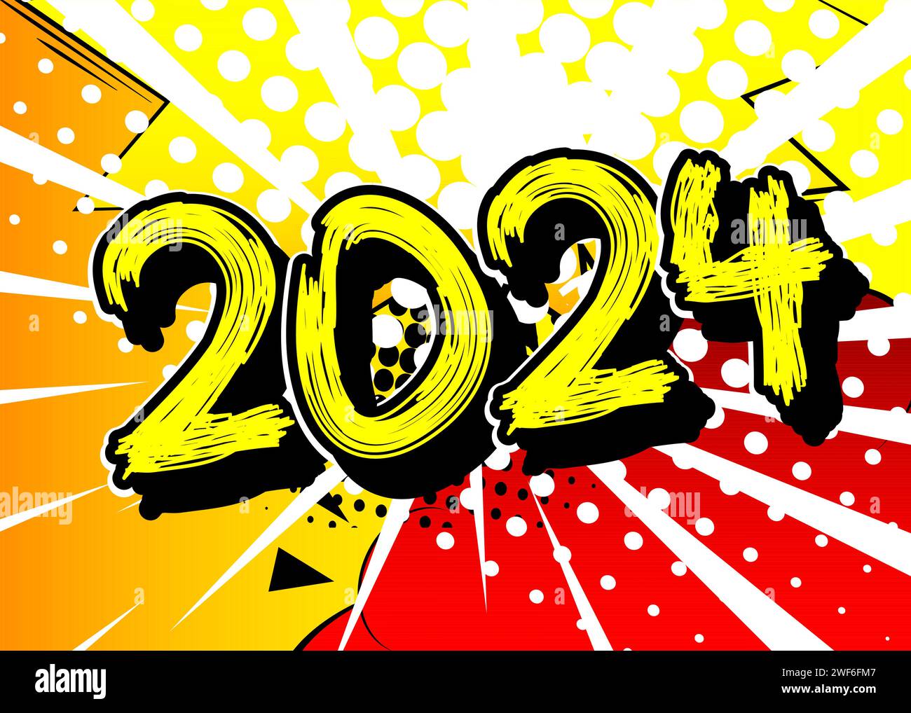 Cartoon 2024 explosion sign, comic book New Year. Retro vector comics