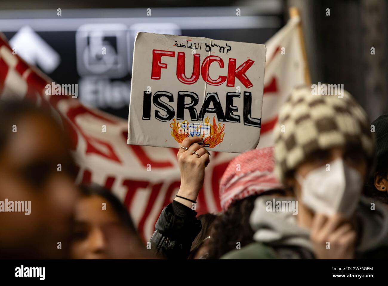 New York, United States. 27th Jan, 2024. Pro-Palestine protesters chant ...