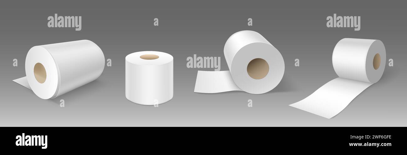3D set of toilet paper rolls isolated on gray background. Vector realistic illustration of kitchen towel, blank cash register scroll mockups, hygiene tissue wipes for kitchen or bathroom design Stock Vector