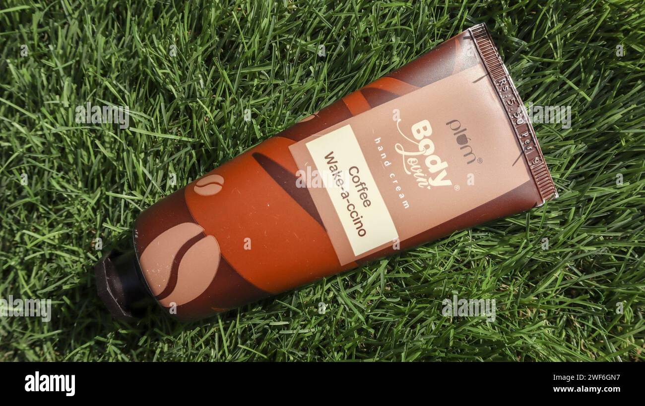 Plum coffee fragrance hand cream tube. Branded aromatic handcream to keep hands soft, it is vegan. Handcream tube bought on 12, january, 2024 from Ind Stock Photo