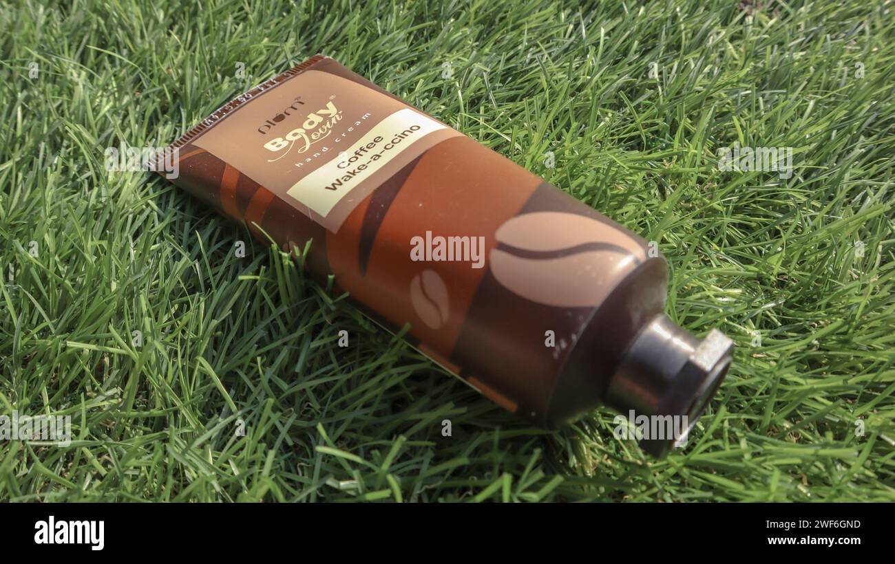 Plum coffee fragrance hand cream tube. Branded aromatic handcream to keep hands soft, it is vegan. Handcream tube bought on 12, january, 2024 from Ind Stock Photo