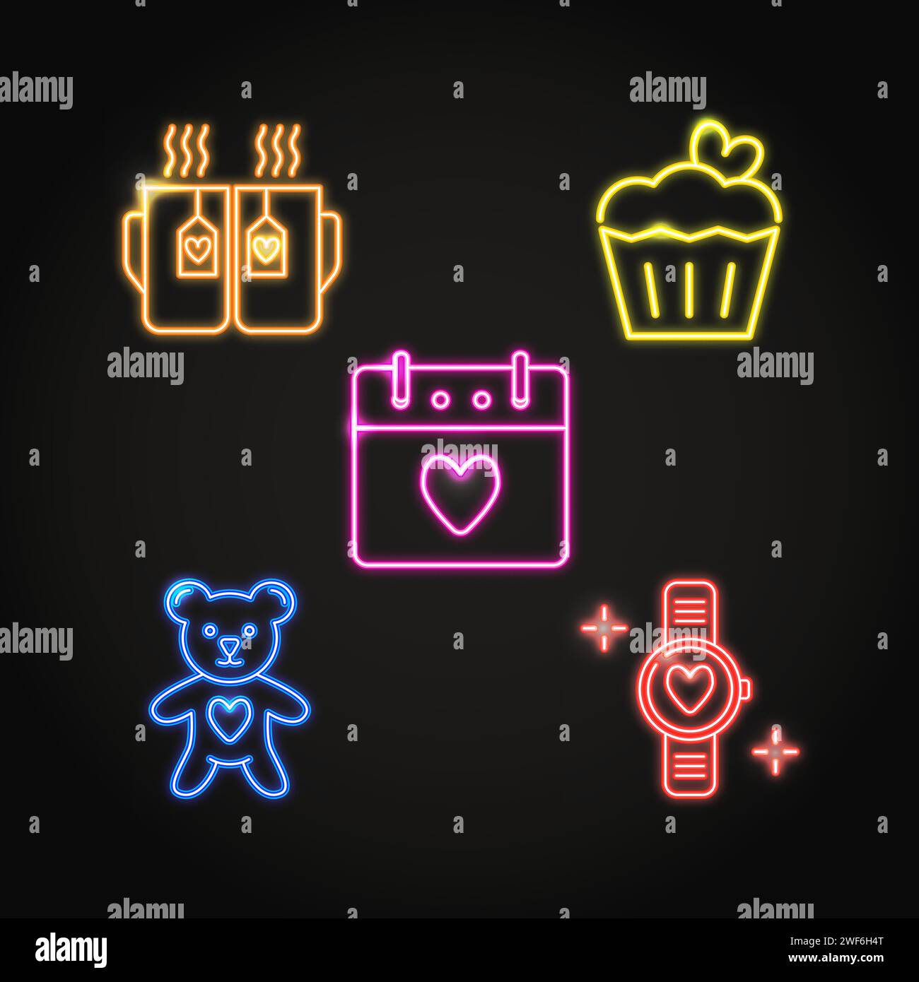 Neon Valentine day icon set in line style. Love symbols collection ...