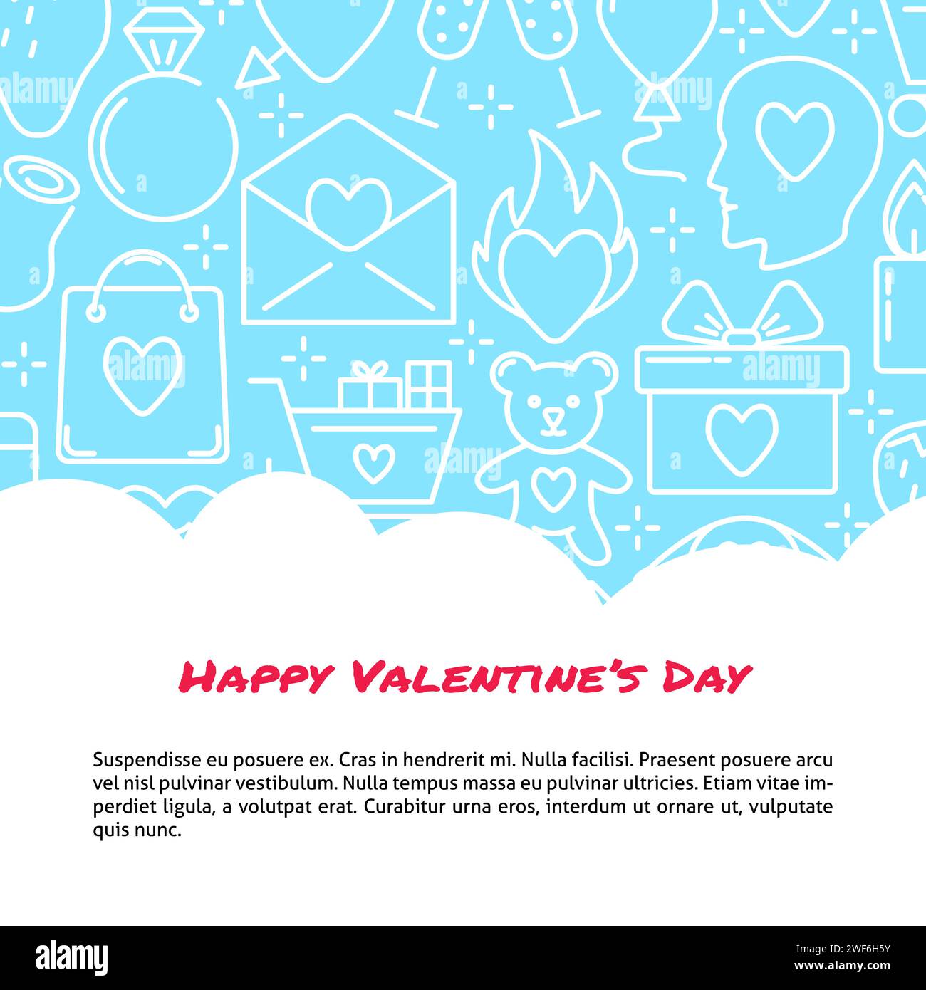 Valentine day concept banner with love icons background in line style ...