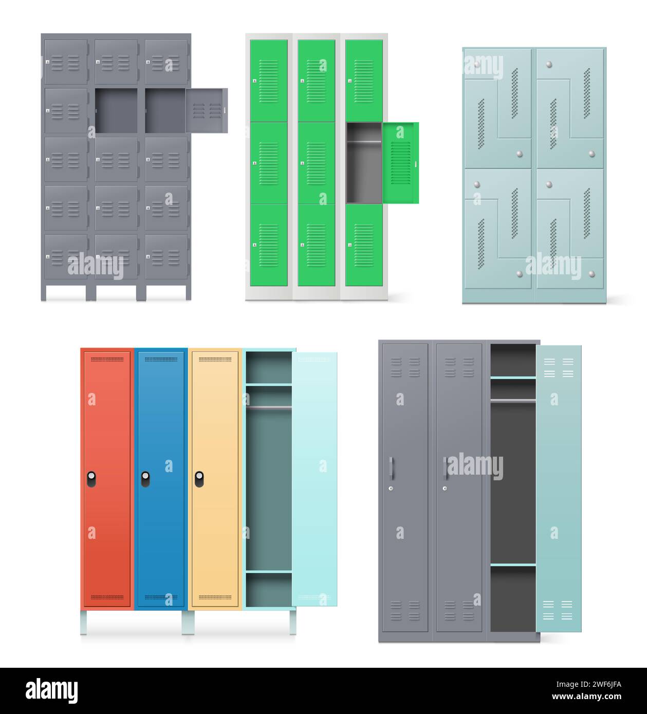 Different metal steel locker, safe boxes stand with doors set