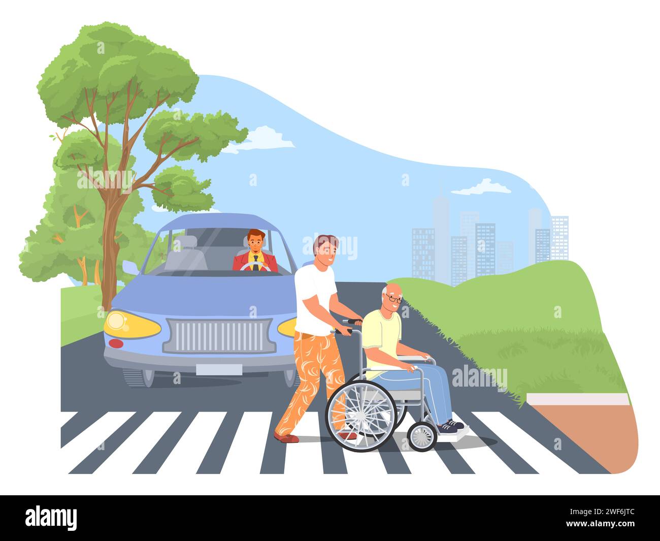 Social worker providing elderly care helping man in wheelchair to cross road Stock Vector