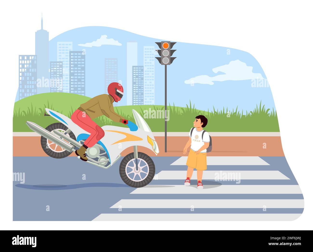 Traffic violation scene with little boy kid and motorcyclist Stock Vector