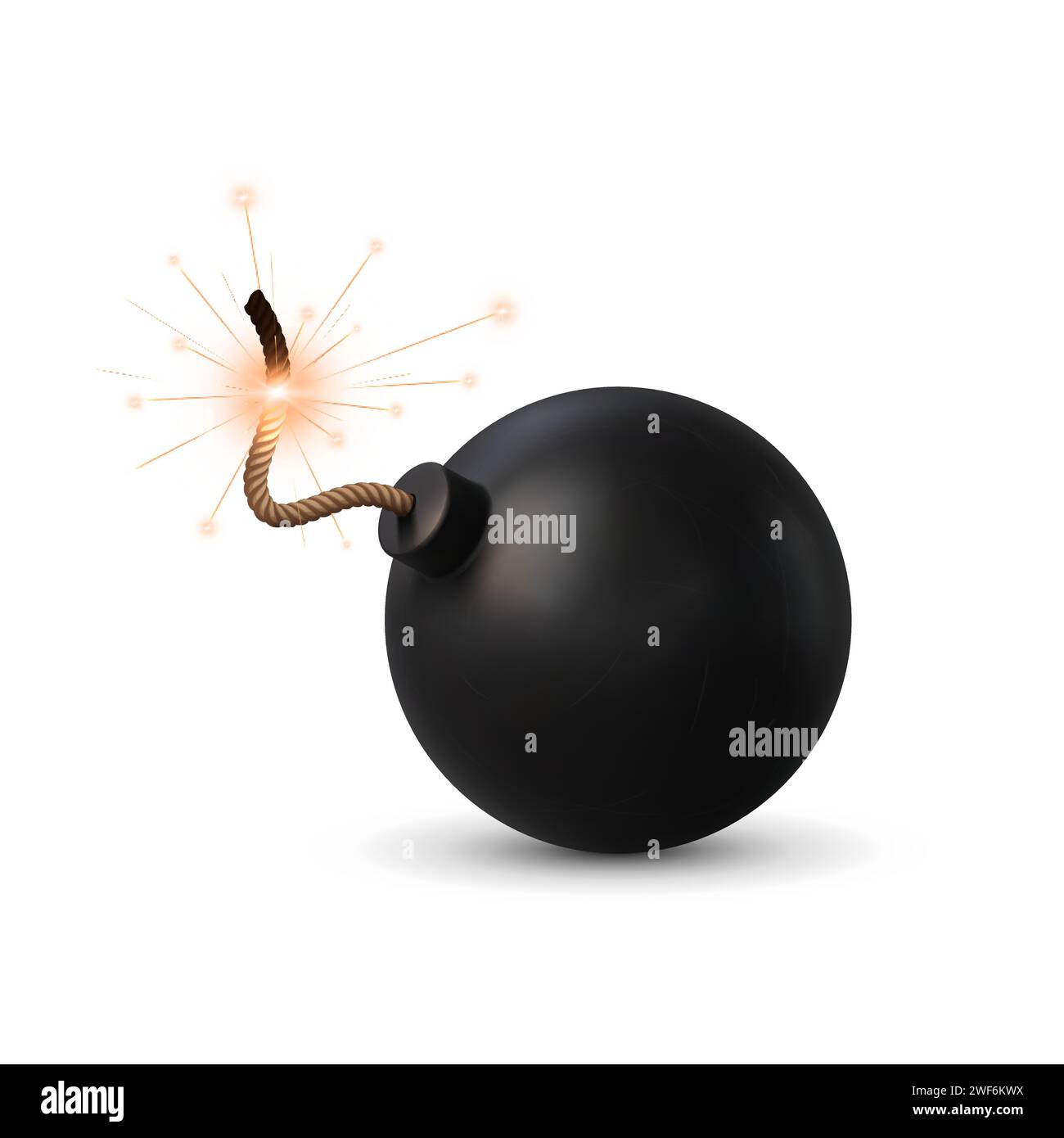 Realistic bomb with burning fuse, cannonball or TNT explosive, vector dynamite ball. Black bomb with fire wick fuse sparks for boom or detonator and explosive weapon, isolated realistic object Stock Vector