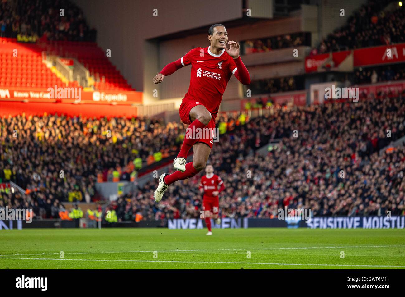 Liverpool. 29th Jan, 2024. Liverpool's Virgil Van Dijk celebrates after scoring during the FA Cup 4th Round football match between Liverpool FC and Norwich City FC in Liverpool, Britain, Jan. 28, 2024. Credit: Xinhua/Alamy Live News Stock Photo