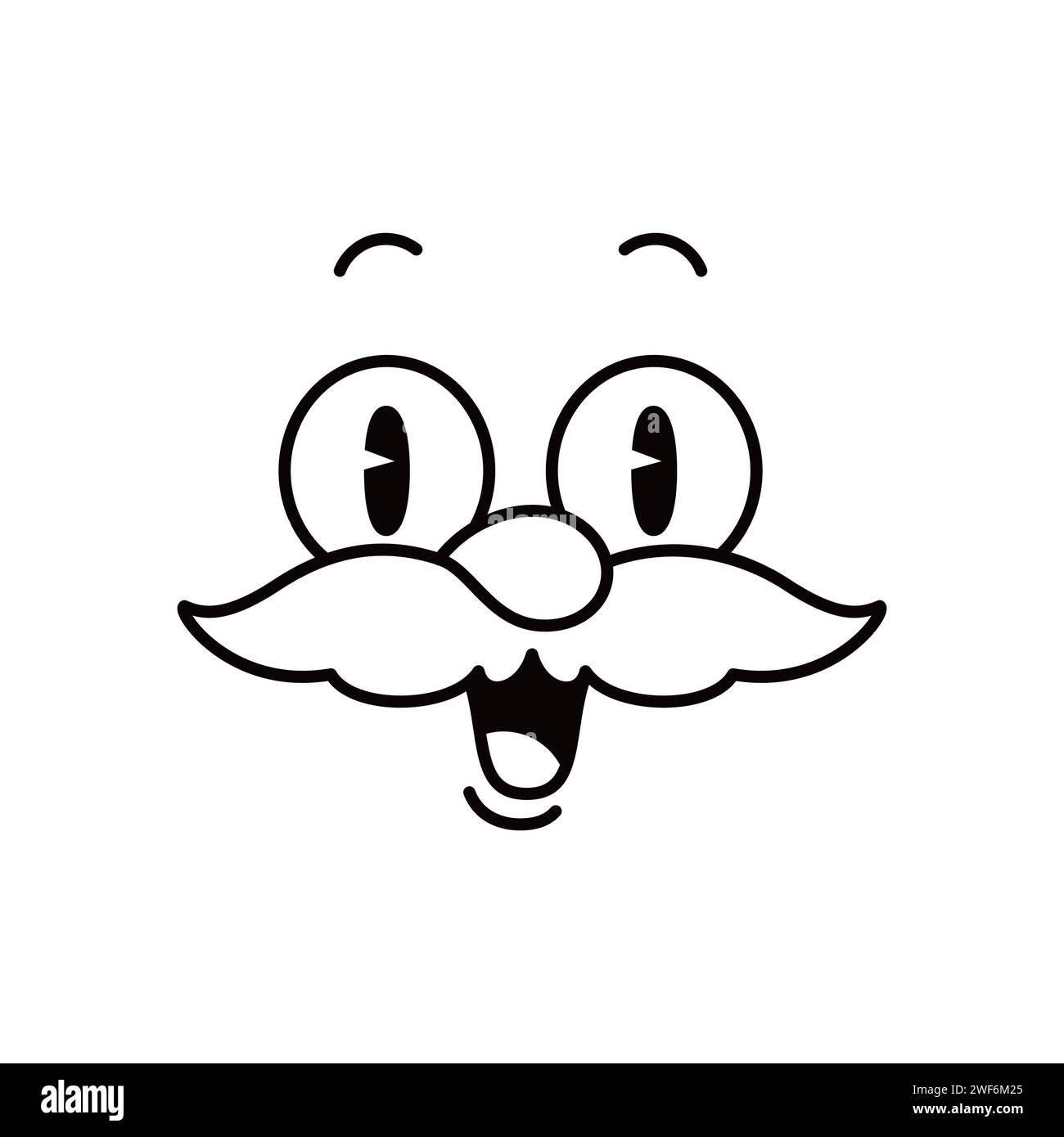 Cartoon funny comic groovy mustached smiling face emotion and retro cute emoji character. Isolated vector comical personage wears a wow expression, radiating humor, astonishment and surprise Stock Vector