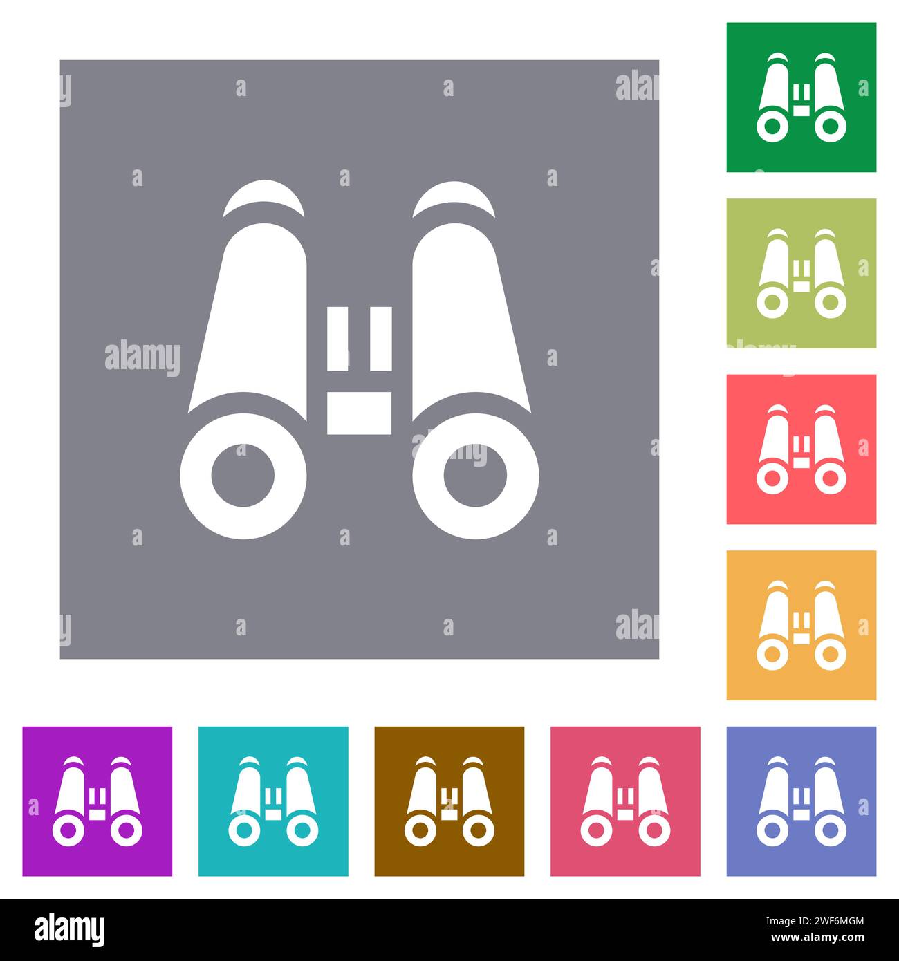 Binoculars solid flat icons on simple color square backgrounds Stock Vector