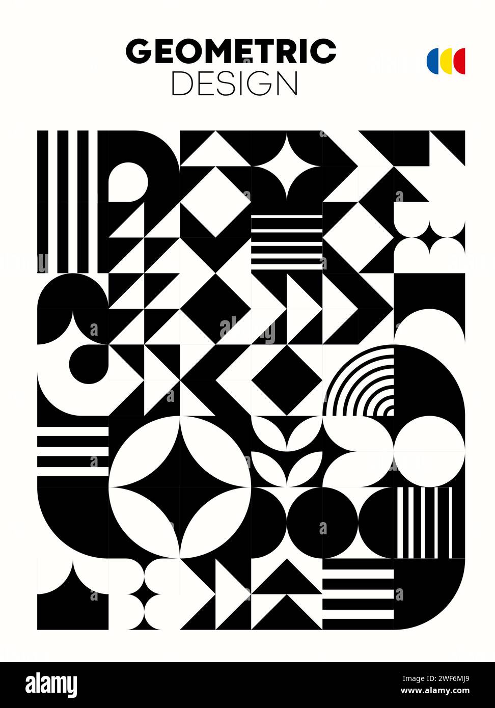 Modern monochrome abstract poster with geometric bauhaus pattern. Vector black and white vertical background, merging simplicity and sophistication for visually striking design with timeless aesthetic Stock Vector