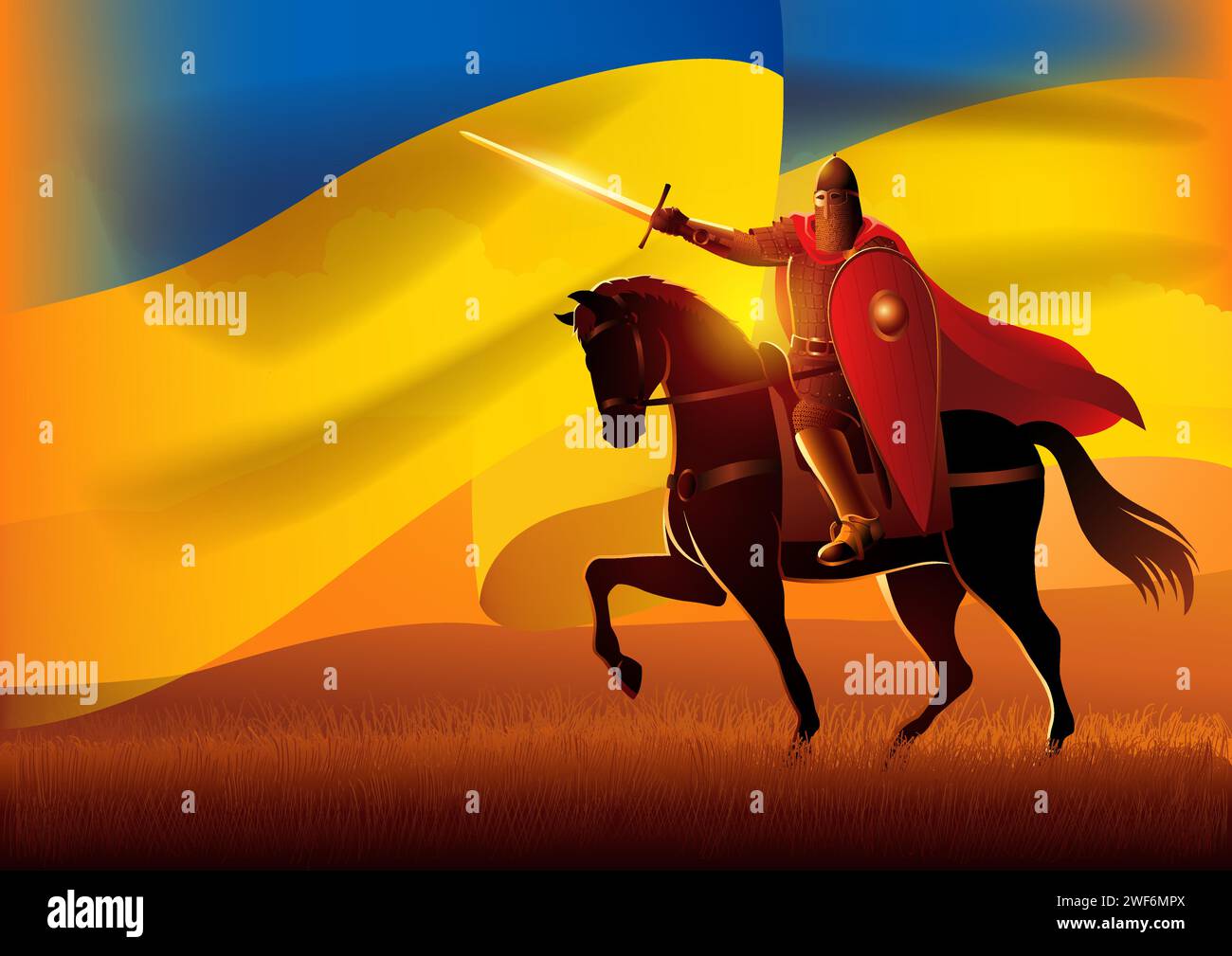 Vector illustration of medieval Slavic knight on horseback with Ukraine flag as the background Stock Vector